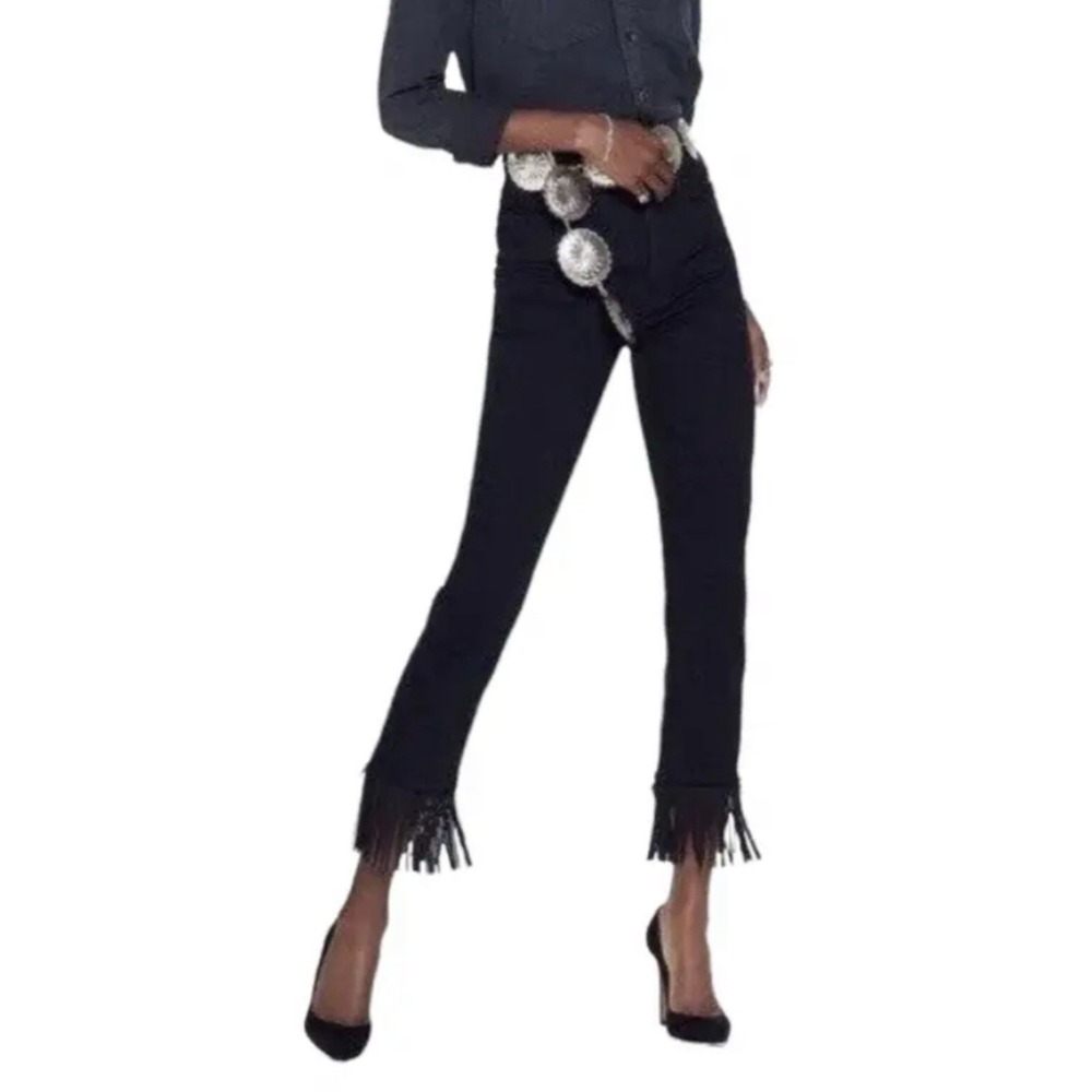 Mother Jeans Black High Waist Rascal Crop Fray Denim Fringe Whip Size 26 Western